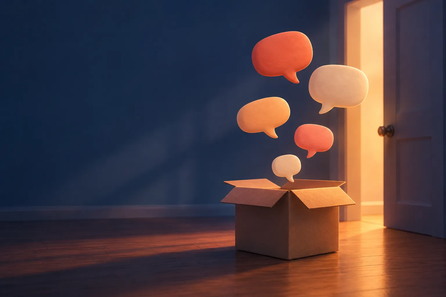 Speech bubbles floating out of a moving box towards a lit doorway