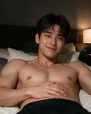 Personnage masculin IA fictif détendu sur un lit, lumière du soir